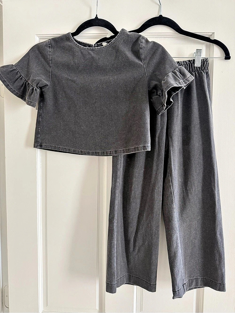 H&M Kids Black Denim Ruffle Sleeve Top & Wide Leg Pants Set